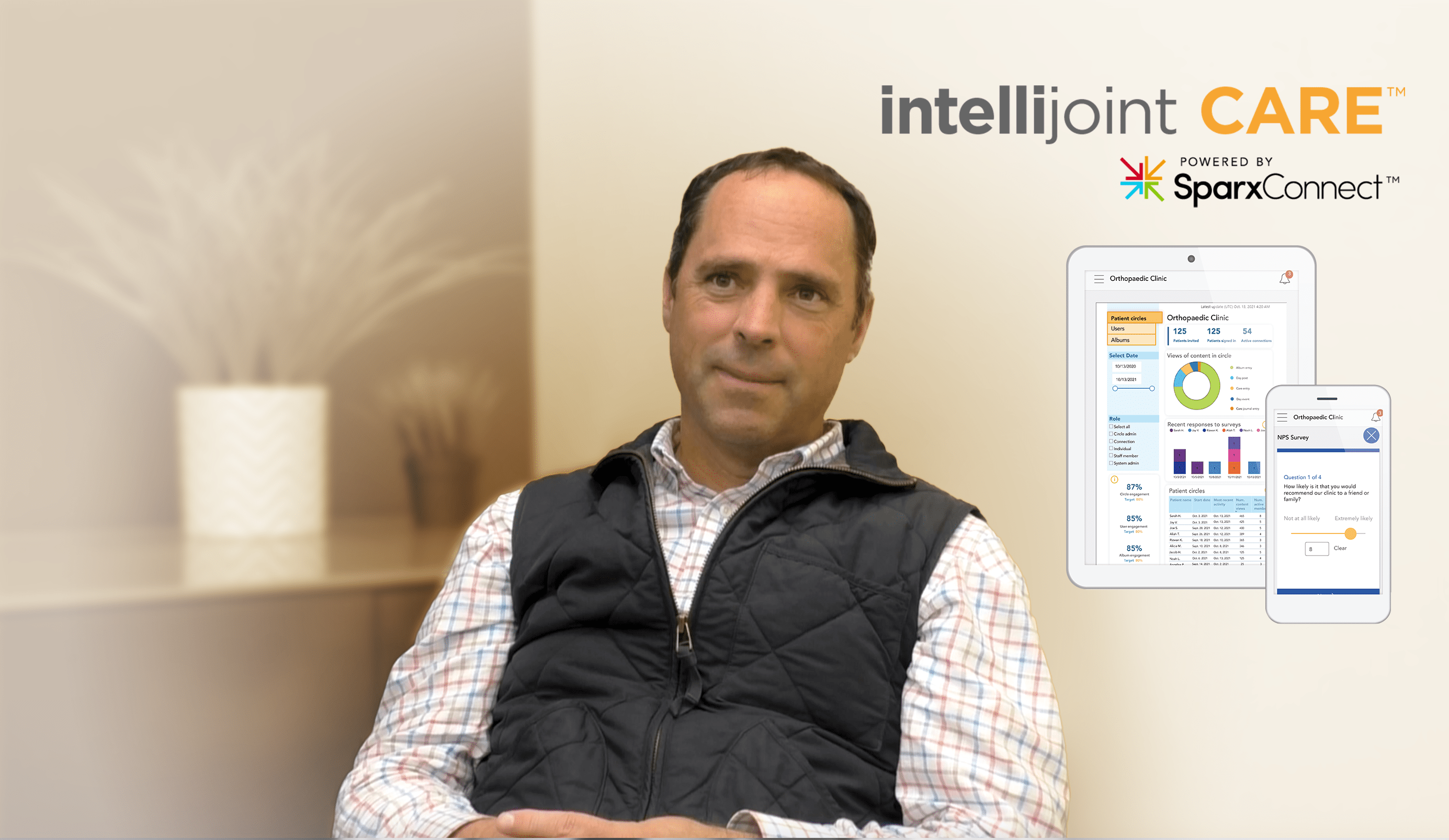 Dr. Bradley sitting with a screenshot of the Intellijoint CARE on the side