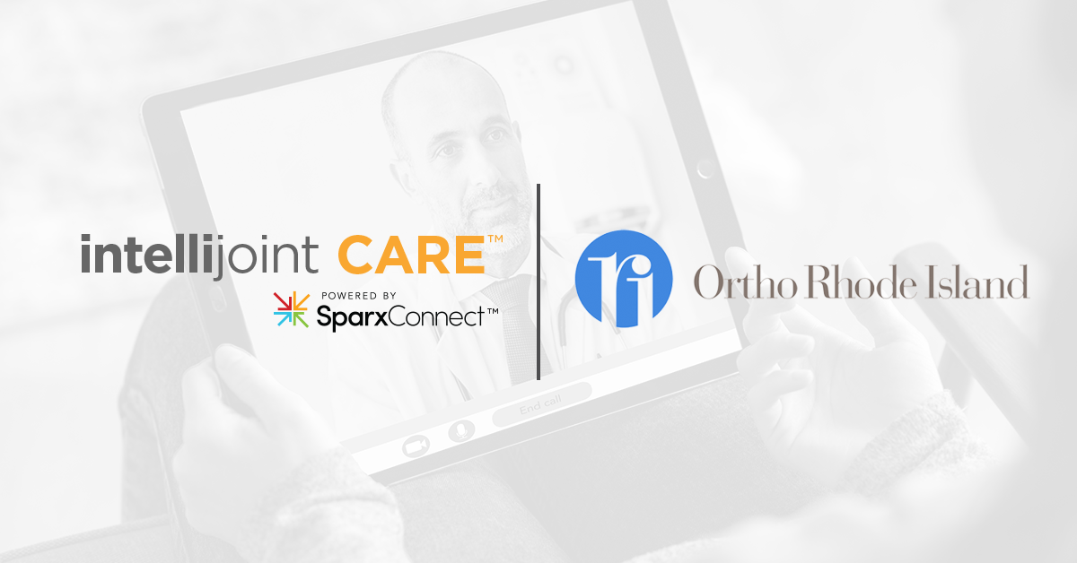 Intellijoint and Ortho Rhode Island Partnership Intellijiont CARE and Ortho Rhode Island logos are show together with a picture of a doctor on a tablet in the background