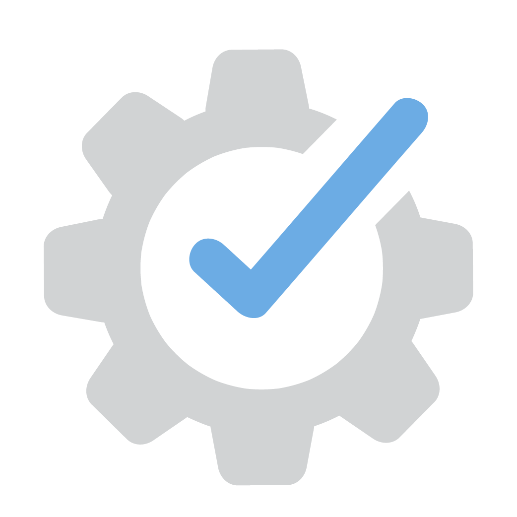 Minimal Learning Curve Icon Solid drawing of a cog in gray with a light blue checkmark in the middle