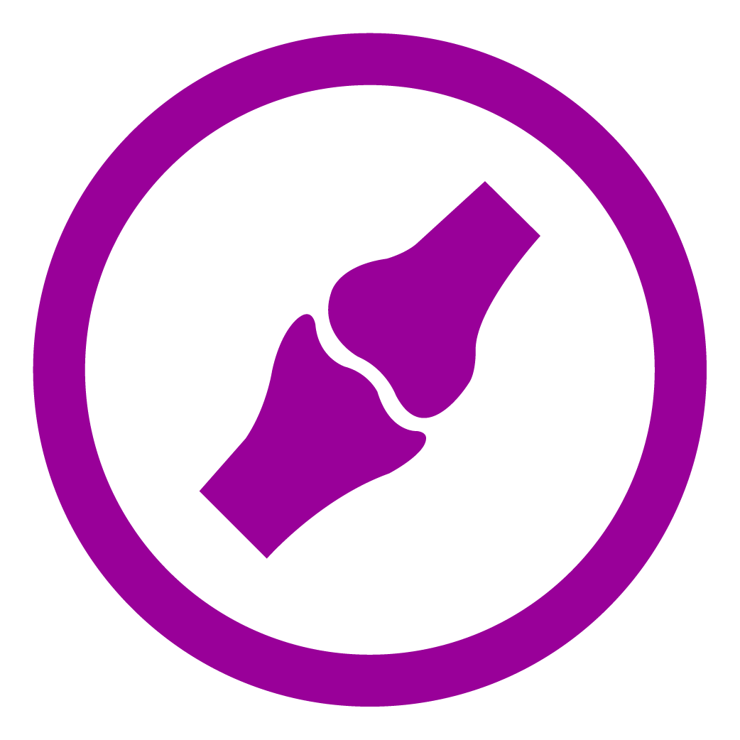 TKA Icon Purple circle with solid drawing of knee bones in the middle