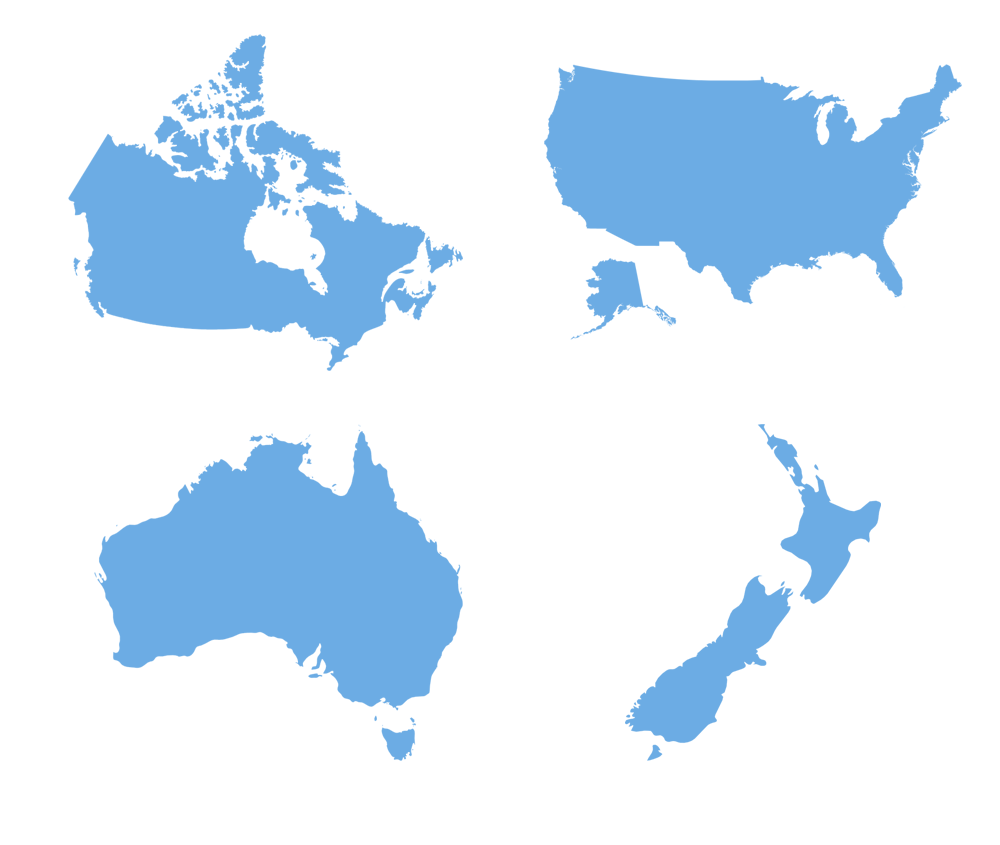 Silhouettes of Canada, U.S, Australia and New Zealand