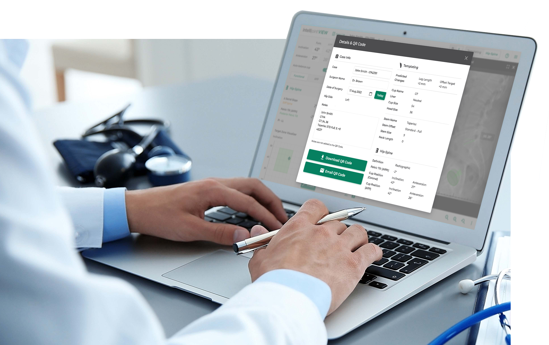 Intelljoint VIEW Image showing Integration Doctor looking at a laptop screen with the Intellijoint VIEW patient information shown on screen