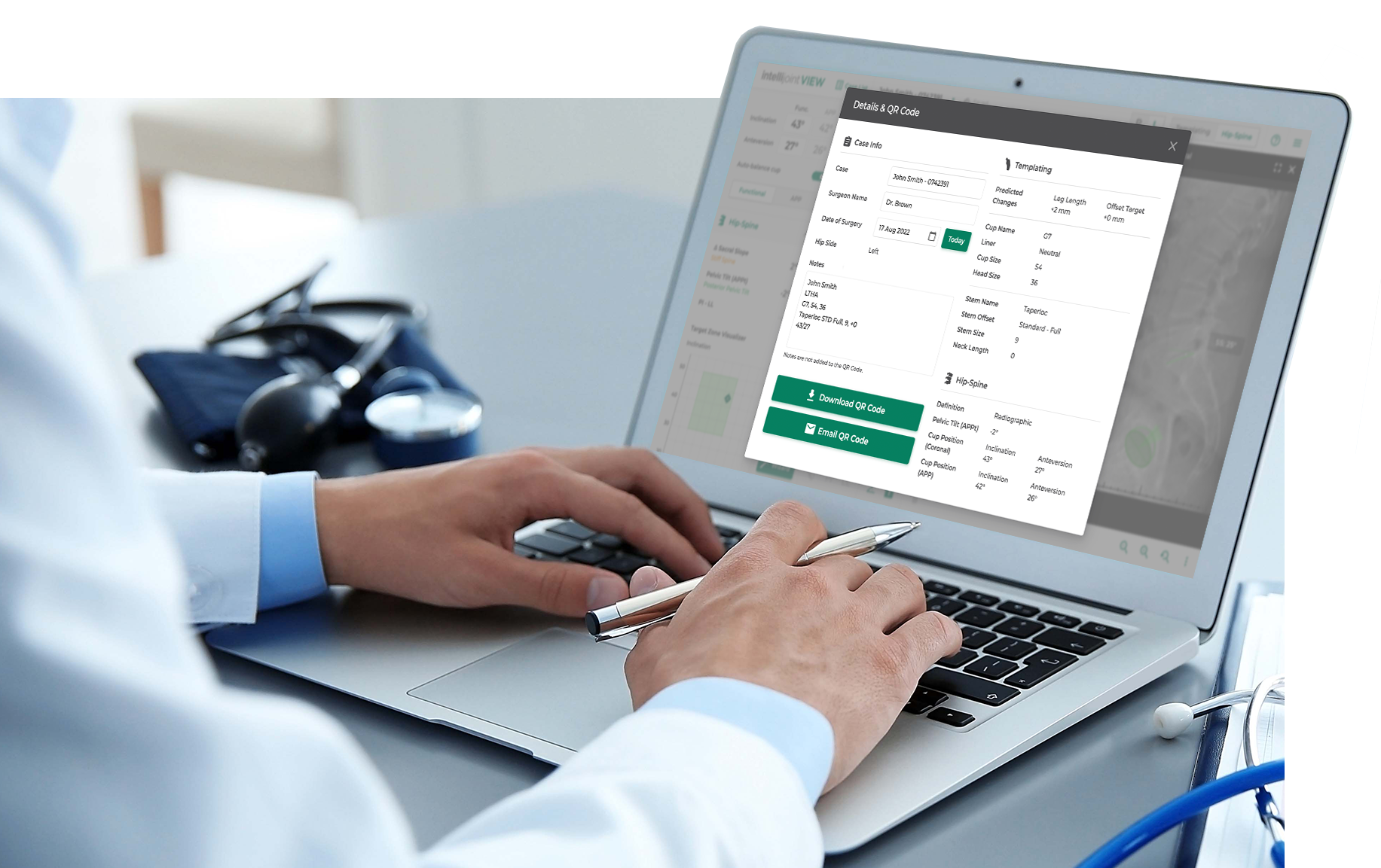 Doctor looking at a laptop screen with the Intellijoint VIEW patient information shown on screen