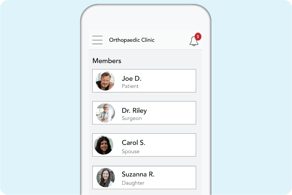 Mobile screenshot of patient families and care team listed in patient engagement platform