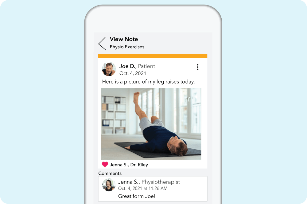 Physio-comments Mobile screenshot of posted exercise video with comments in patient engagement platform