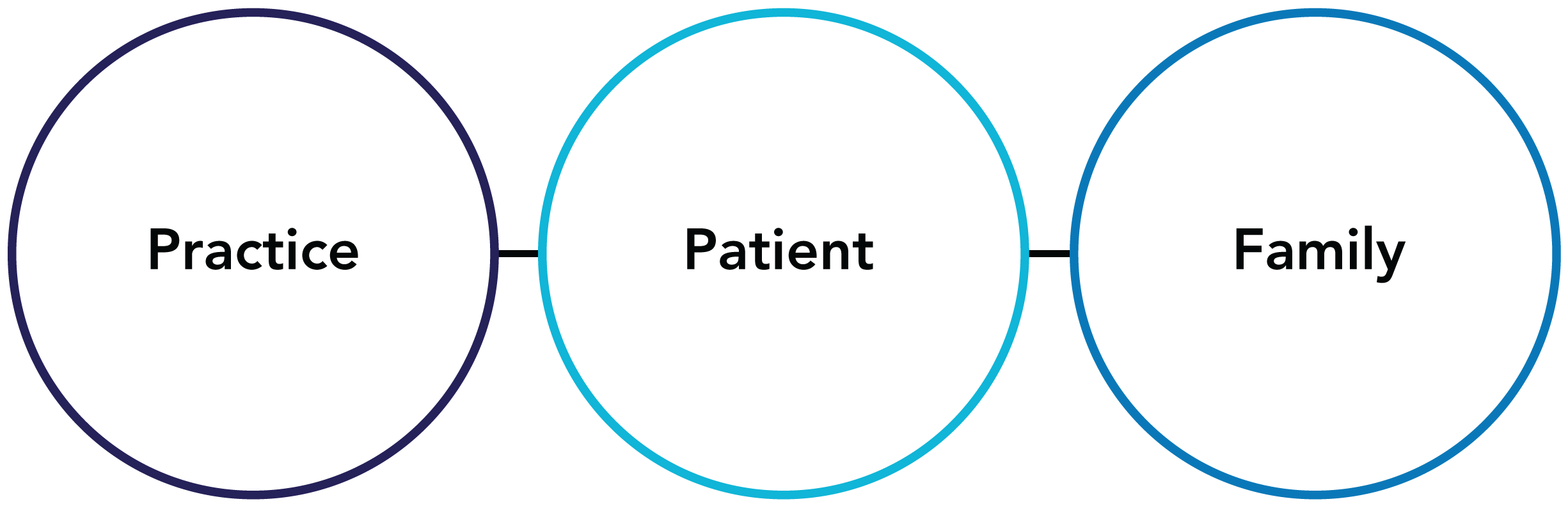 Linear graphic starting with Practice on the left, then Patient, then Family