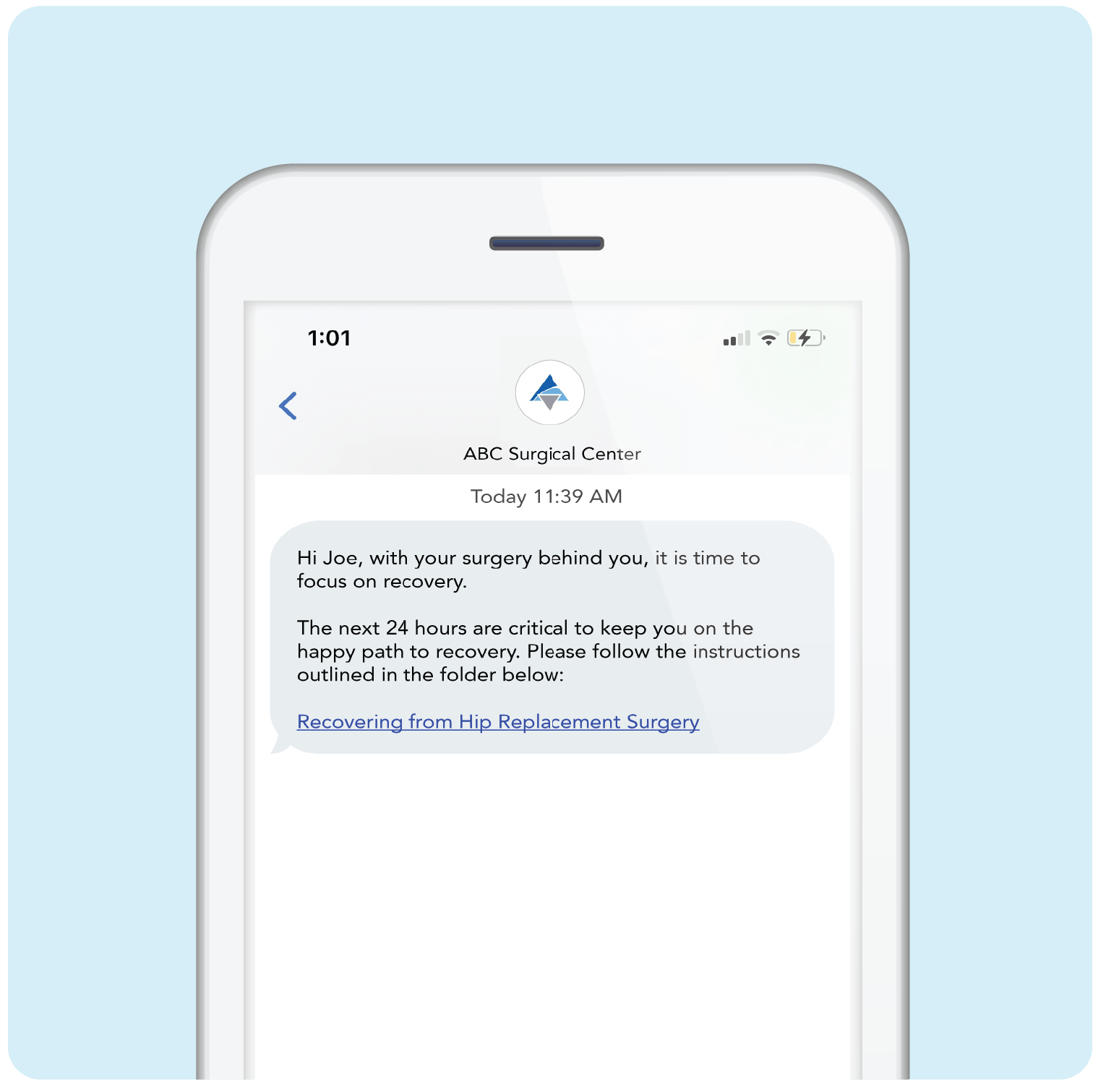 Screenshot of CARE app of message about recovery to patient