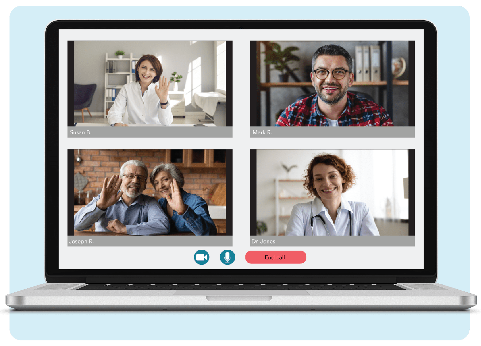 Video conferencing screen on laptop with patient and their care team