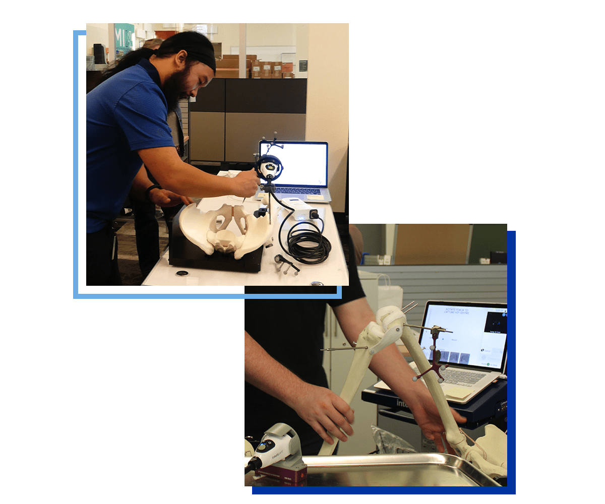 Two images. One of the Intellijoint HIP being used and the other the Intellijoint KNEE is being used.