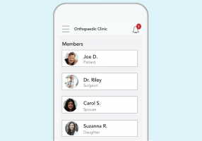 Mobile screenshot of patient families and care team listed in patient engagement platform