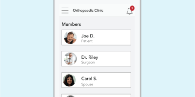 Mobile screenshot of patient families and care team listed in patient engagement platform